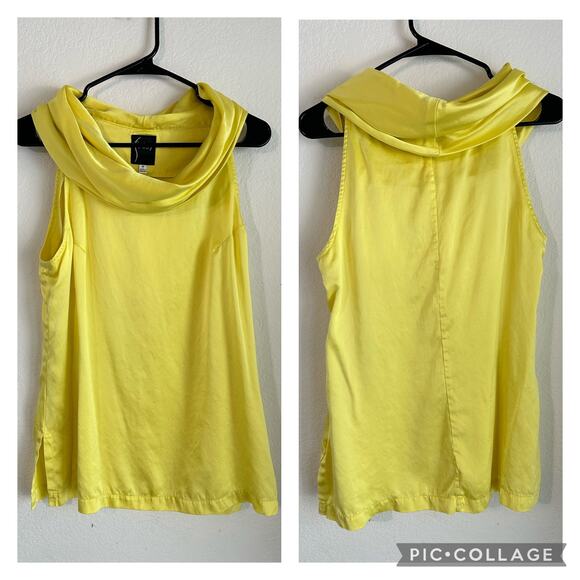 Finley Tops - Finley Cowl Neck Tunic Top Wine Bar Yellow Hammered Satin 100% Silk Size Medium